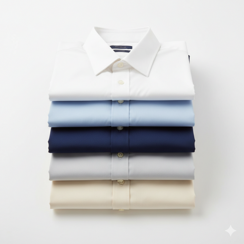 Five Gabbiano Royal dress shirts fanned out in white, light blue, navy, grey, and cream — the essential professional dress shirt color guide
