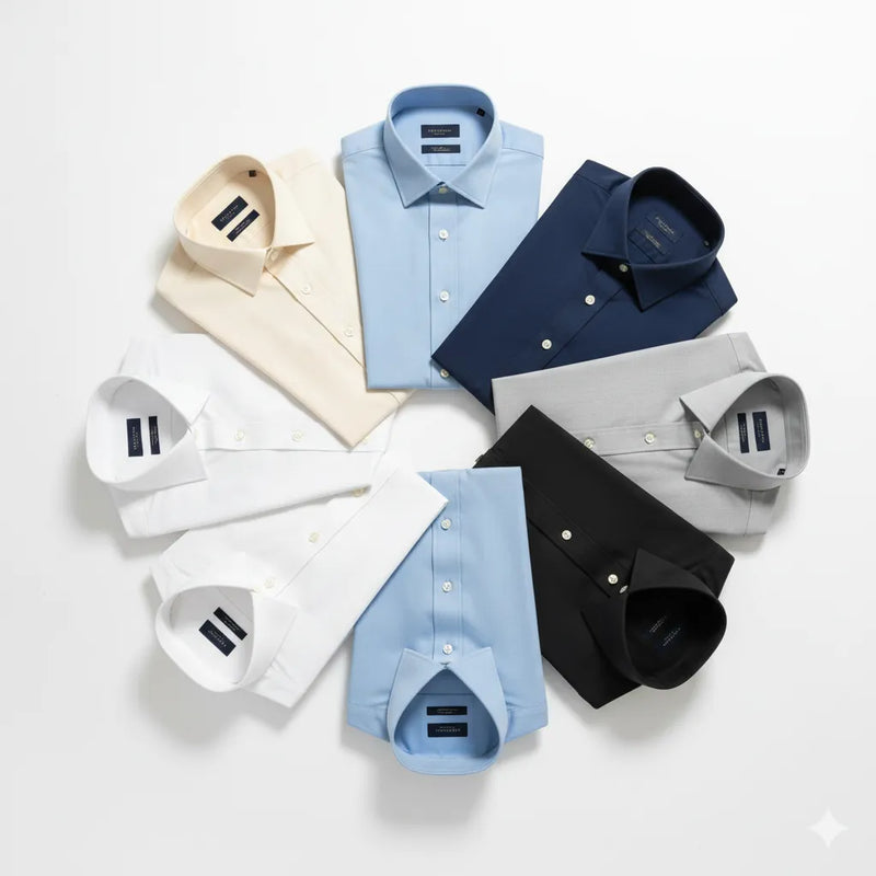 Six Gabbiano Royal dress shirts in white, cream, light blue, grey, navy, and black arranged in a circle — the complete professional shirt wardrobe