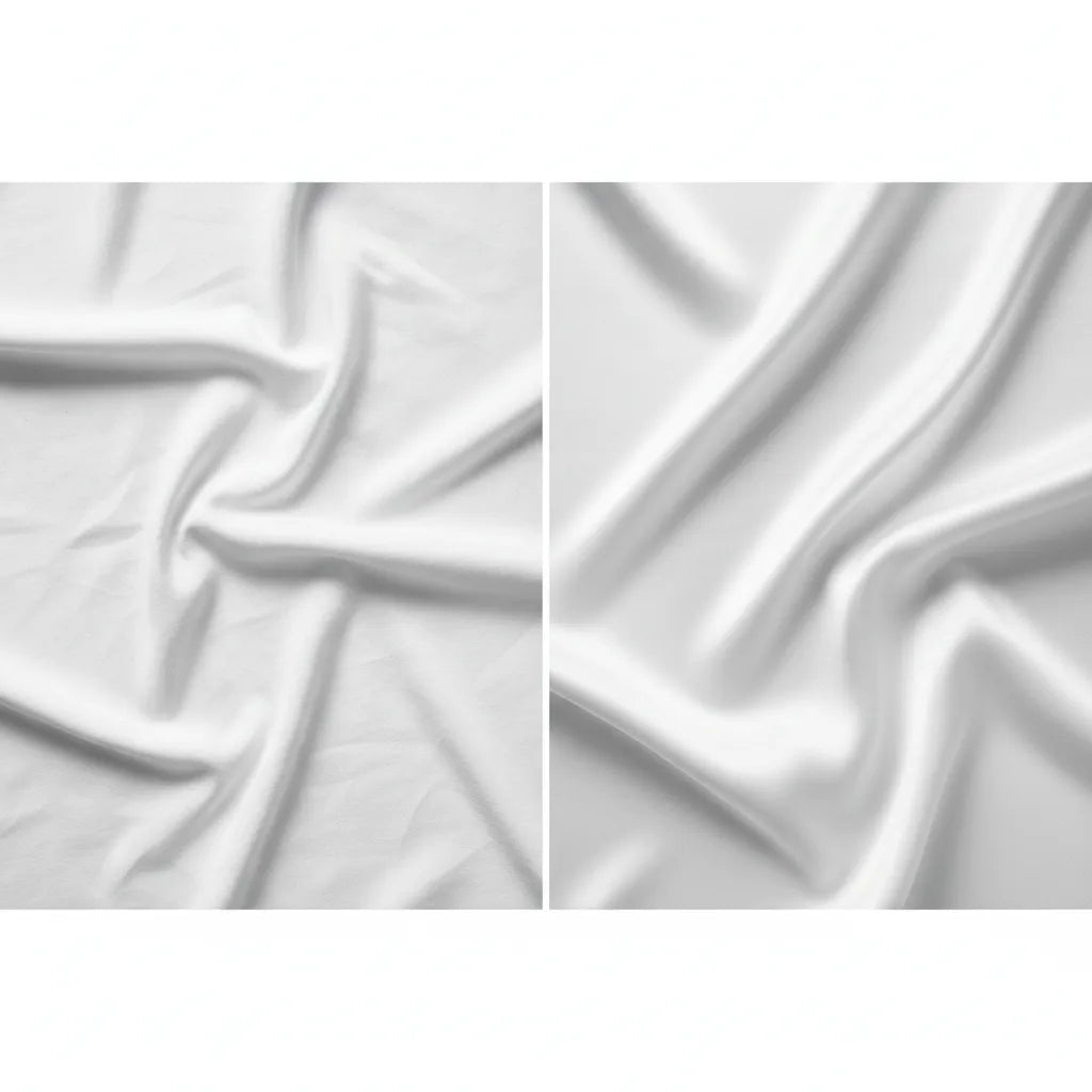 Side-by-side comparison of wrinkled cotton fabric versus smooth silky bamboo-rayon blend fabric showing why bamboo outperforms cotton