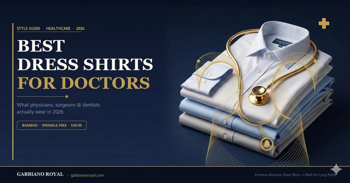 Stack of folded Gabbiano Royal bamboo dress shirts in white, light blue, navy and grey with a gold stethoscope — best dress shirts for doctors and medical professionals 2026 guide