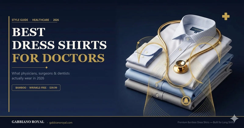 Stack of folded Gabbiano Royal bamboo dress shirts in white, light blue, navy and grey with a gold stethoscope — best dress shirts for doctors and medical professionals 2026 guide